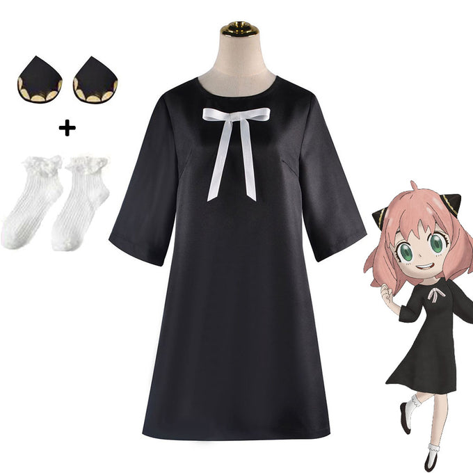 Women and Kids Spy x Family Costume Anya Forger Cosplay Black Dress with Headdress and Stockings