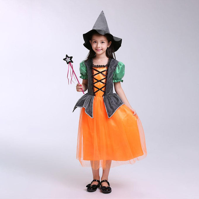 Girls Witch Costume Dress Halloween Witch Cosplay Pumpkin Dress with Witch Hat