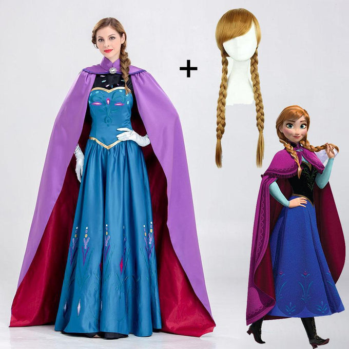 Women's Frozen Costume Princess Anna Cosplay Sequin Dress With Wig