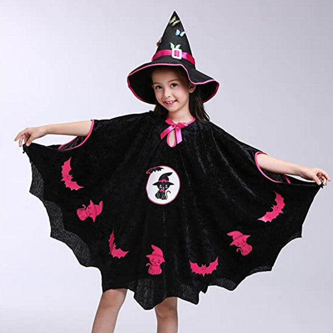 Girls Witch Costume Black Cat Robe Halloween Witch Cosplay Robe with Witch Hat