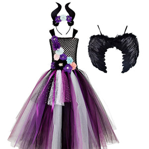Maleficent Costume Evil Witch Cosplay Floral Dress Set With Wings and Horn Hat For Kids Halloween Party