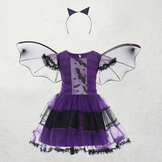 Girls Witch Costume Dress Halloween Witch Cosplay Purple Dress with Witch Headband