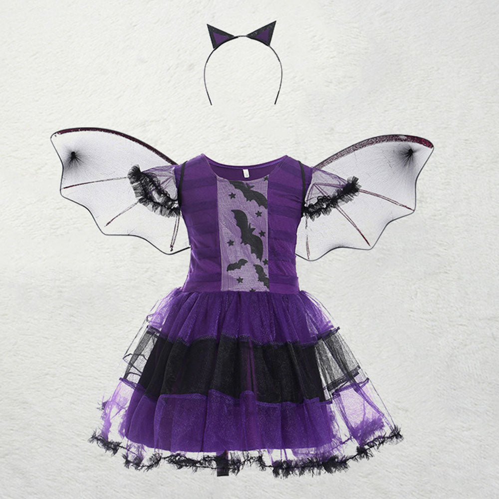 Girls Witch Costume Dress Halloween Witch Cosplay Purple Dress with Witch Headband