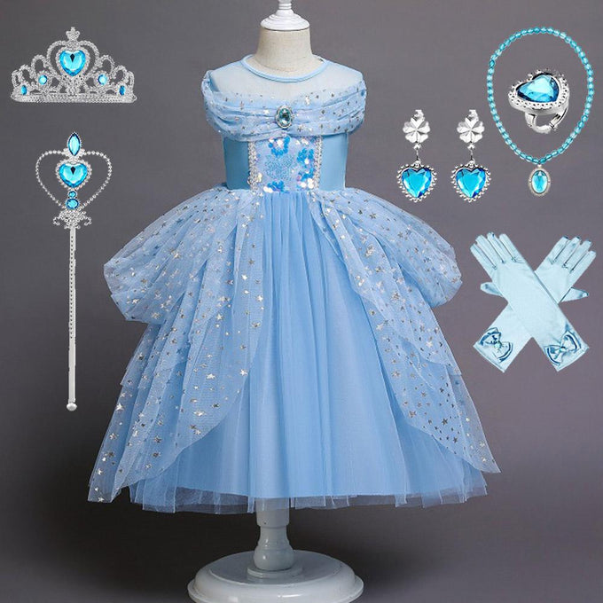 Girls Costume Princess Elsa Cosplay Dress Birthday Party Dress With Accessories