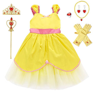 Kid's Beauty and the Beast Costume Princess Belle Costumes Cotton Yellow Dress With Accessories