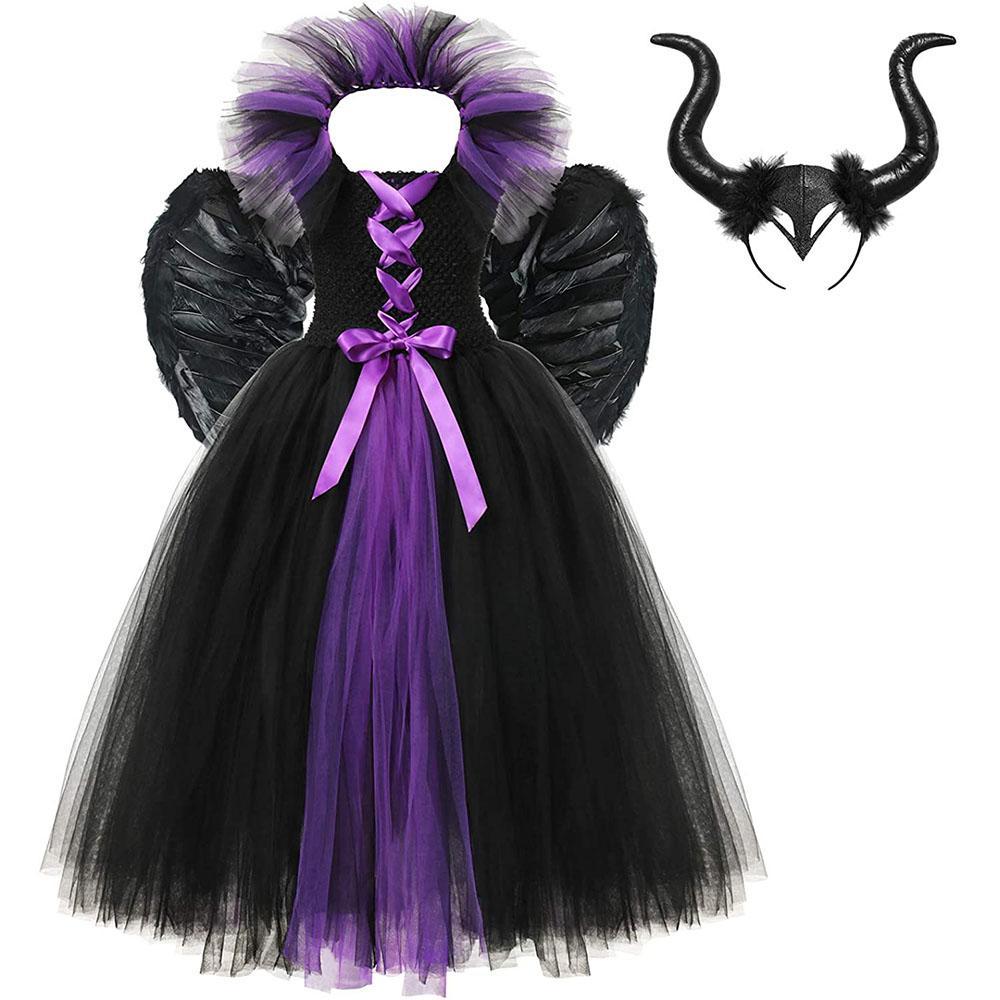 For Kids Maleficent Costume Evil Witch Cosplay Set With Wings and Horn Hat For Halloween Party