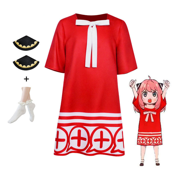 Women and Kids Spy x Family Costume Anya Forger Cosplay Red Dress with Headdress and Stockings
