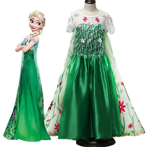 Kids Frozen Costume Princess Elsa Cosplay Birthday or Party Green Dress With Accessories