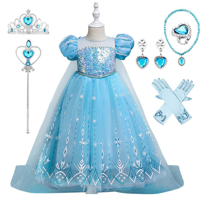 Girls Costume Princess Elsa Cosplay Dress with Robe Birthday Party Dress With Accessories