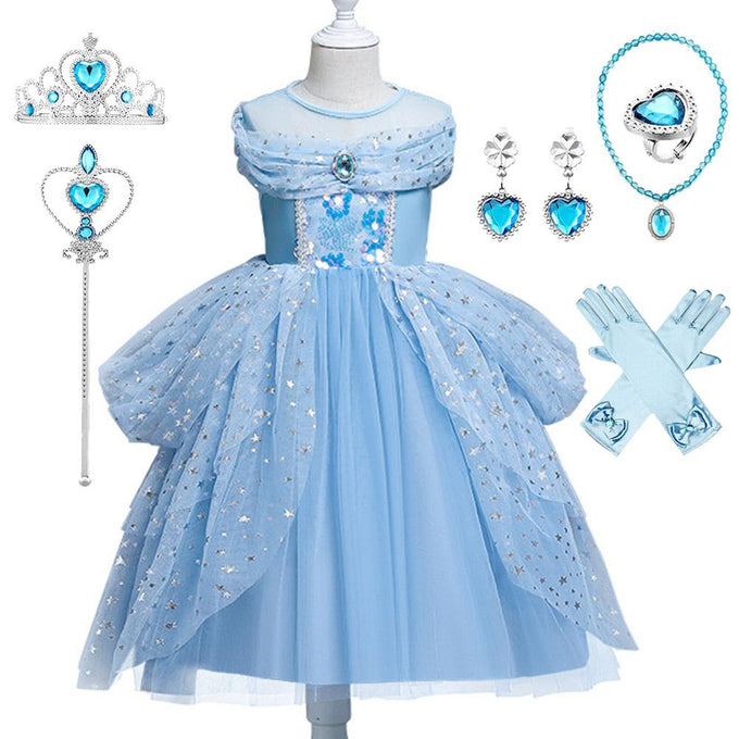Costume Princess Elsa Cosplay Dress For Girls Birthday Party Dress With Accessories