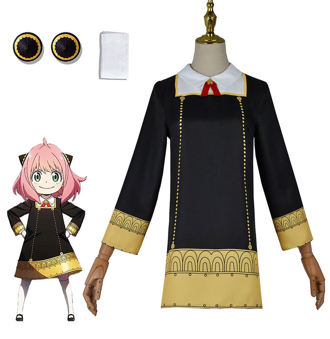 Women and Kids Spy x Family Costume Anya Forger Cosplay Black Dress with Earrings and Stockings