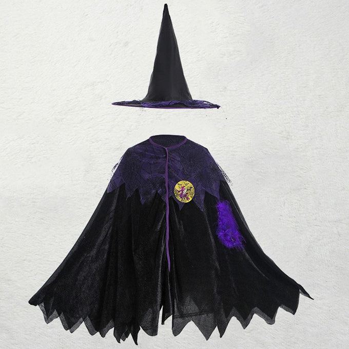 Girls Witch Costume Robe Halloween Witch Cosplay Purple Robe with Witch Hat