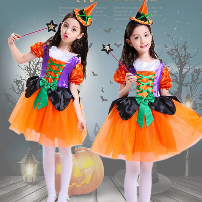 Witch Costume Dress Halloween Witch Cosplay Pumpkin Dress with Witch Hat For Girls