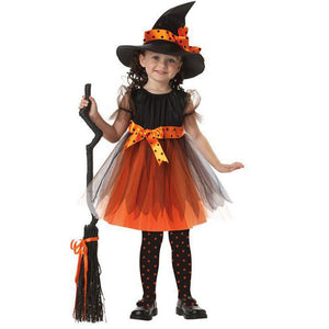 Girls Witch Costume Dress Halloween Witch Cosplay Dress with Witch Hat