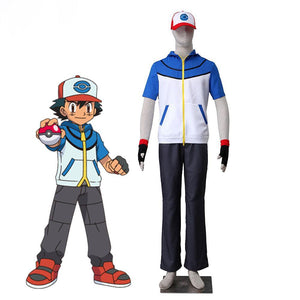 Men and Kids Pokemon Costume Trainer Ash Ketchum Cosplay Short Sleeve Hoodie Full Sets