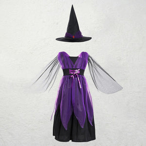 Girls Witch Costume Dress Halloween Witch Cosplay Purple Dress with Witch Hat