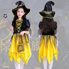 Load image into Gallery viewer, Witch Costume Dress Halloween Witch Cosplay Yellow Dress with Crescent Cap For Girls