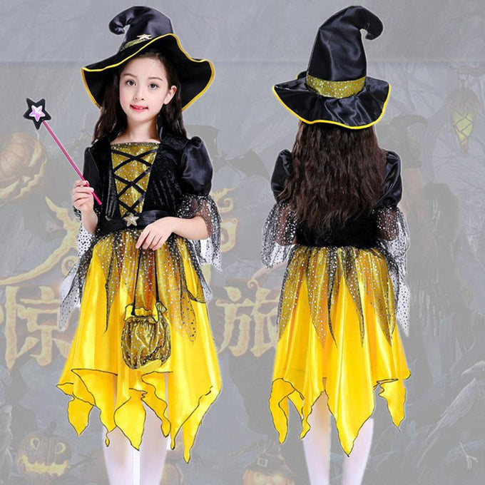 Witch Costume Dress Halloween Witch Cosplay Yellow Dress with Crescent Cap For Girls