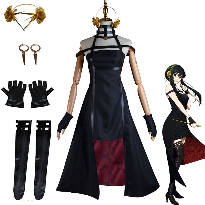 Women Spy x Family Costume  Yor Forger Briar Cosplay Black Dress with Accessories