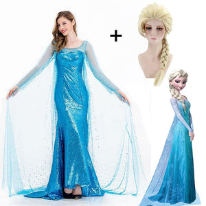 Women's Frozen Costume Princess Elsa Cosplay Sequin Dress With Wig