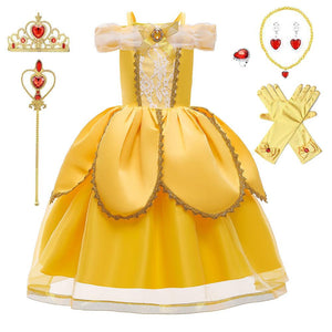 Kid's Beauty and the Beast Princess Belle Costumes Chiffon Dress With Accessories For Girls