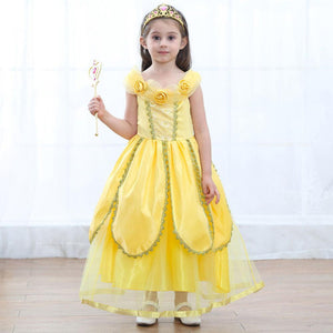 Kid's Beauty and the Beast Princess Belle Costumes Chiffon Dress With Accessories For Girls