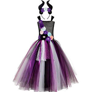 Maleficent Costume Evil Witch Cosplay Floral Dress Set With Wings and Horn Hat For Kids Halloween Party