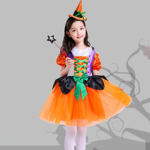 Witch Costume Dress Halloween Witch Cosplay Pumpkin Dress with Witch Hat For Girls