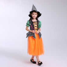 Load image into Gallery viewer, Girls Witch Costume Dress Halloween Witch Cosplay Pumpkin Dress with Witch Hat