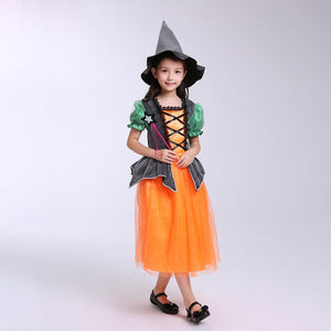 Girls Witch Costume Dress Halloween Witch Cosplay Pumpkin Dress with Witch Hat