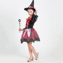 Load image into Gallery viewer, Girls Witch Costume Dress Halloween Witch Cosplay Dress Set with Witch Hat