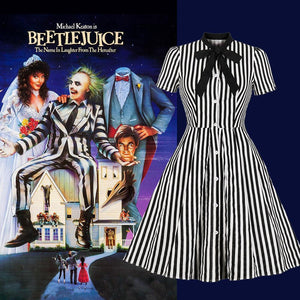 Beetlejuice Costume Pocket Dress With Black and White Vertical Stripe
