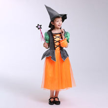 Load image into Gallery viewer, Girls Witch Costume Dress Halloween Witch Cosplay Pumpkin Dress with Witch Hat