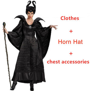 Women Maleficent Costume Evil Witch Cosplay Dress Set With Horn Hat For Halloween Party