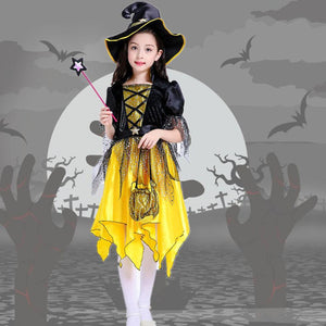 Witch Costume Dress Halloween Witch Cosplay Yellow Dress with Crescent Cap For Girls