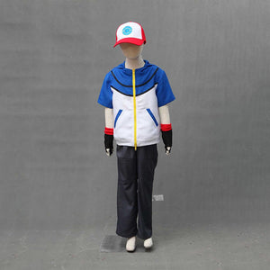 Men and Kids Pokemon Costume Trainer Ash Ketchum Cosplay Short Sleeve Hoodie Full Sets