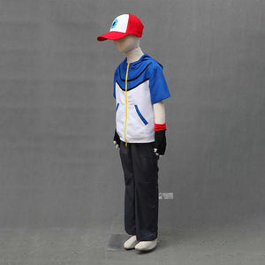 Men and Kids Pokemon Costume Trainer Ash Ketchum Cosplay Short Sleeve Hoodie Full Sets