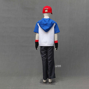 Men and Kids Pokemon Costume Trainer Ash Ketchum Cosplay Short Sleeve Hoodie Full Sets