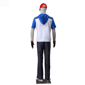 Men and Kids Pokemon Costume Trainer Ash Ketchum Cosplay Short Sleeve Hoodie Full Sets