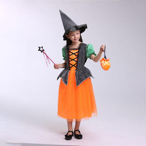 Girls Witch Costume Dress Halloween Witch Cosplay Pumpkin Dress with Witch Hat