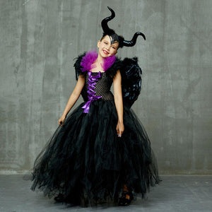 For Kids Maleficent Costume Evil Witch Cosplay Set With Wings and Horn Hat For Halloween Party