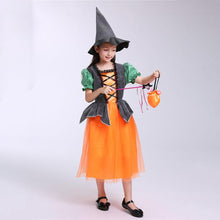 Load image into Gallery viewer, Girls Witch Costume Dress Halloween Witch Cosplay Pumpkin Dress with Witch Hat