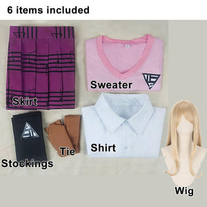 6 PCS Danganronpa Costume Kaede Akamatsu Cosplay Dress Set School Uniform With Wig