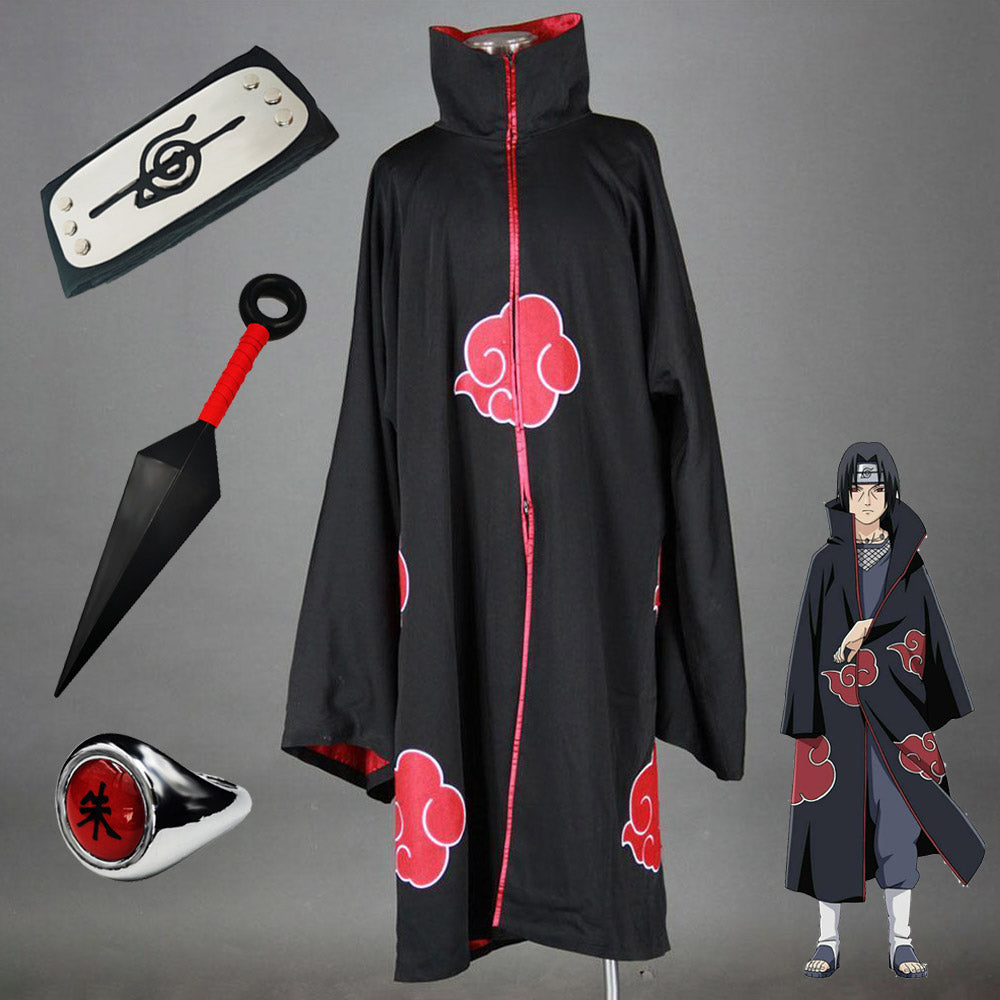 4PCS Naruto Akatsuki Uchiha Itachi Cosplay Cloak Set For Men and Kids